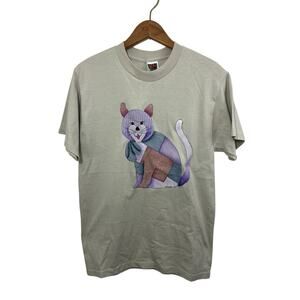 Cat T-shirt Beige Grandmacore Y2K Patchwork Medium Cat Lady Painted Tracey